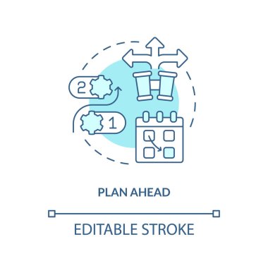 Turkuaz konsept simgesini önceden planla. Hedefler belirleniyor. Küçük işletme finansmanını yönetmek soyut fikir ince çizgi çizimi. İzole bir taslak çizim. Düzenlenebilir felç. Arial, Myriad Pro-Kalın yazı tipleri