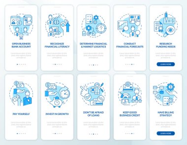 Mobil uygulama ekranında iş yönetimi mavisi. Doğrusal kavramlarla düzenlenebilir grafik yönergelerini 5 adımda gezdir. UI, UX, GUI şablonu. Kullanılan sayısız Pro-Kalın, Düzenli yazı tipleri