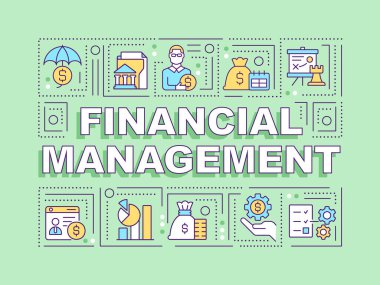 Finansal yönetim kelimesi yeşil bayrak kavramını içeriyor. İş ve finans. Renk arkaplanında düzenlenebilir simgelere sahip bilgi grafikleri. İzole tipografi. Metinli vektör illüstrasyonu. Kullanılan Arial-Black yazı tipi