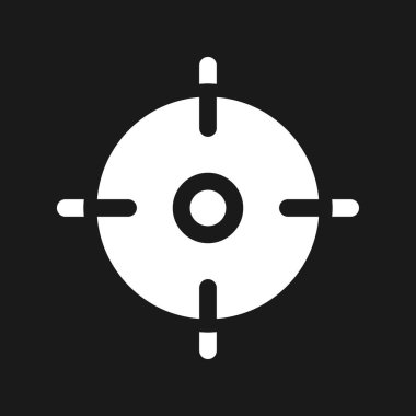 Koyu renk mod glifini hedef al. İş hedefine odaklan. Kullanıcı arayüzü tasarımı. Siyah uzayda beyaz siluet sembolü. Ağ ve cep telefonu için sağlam bir resim. Vektör izole illüstrasyonu