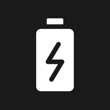 Batarya karanlık mod glyph ui simgesi. Aktülatör şarj oluyor. Fiziksel güç. Kullanıcı arayüzü tasarımı. Siyah uzayda beyaz siluet sembolü. Ağ ve cep telefonu için sağlam bir resim. Vektör izole illüstrasyonu