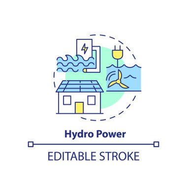 Hidroelektrik güç konsept simgesi. Alternatif kaynaklar. Yenilenebilir enerji soyut fikir ince çizgili resimlerle dolu bir ev. İzole bir taslak çizim. Düzenlenebilir felç. Arial, Myriad Pro-Kalın yazı tipleri