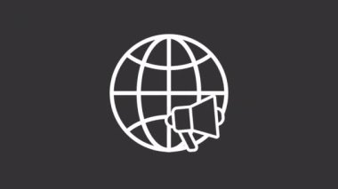 Dünya çapında canlandırılmış beyaz çizgi ikonu. Pazarlama. Uluslararası dağıtım. İş kampanyası. Şeffaf arkaplanda alfa kanalı olan kusursuz HD video. Gece kipi için hareketli grafik tasarımı