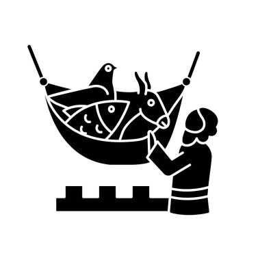 Havari Peter siyah kabartma simgesini görüyor. Cennetten düşmüş kirli hayvanlarla dolu çarşaf. Tanrı işaret versin. İncil hikayeleri. Beyaz uzayda siluet sembolü. Piktogram sağlammış. Vektör izole illüstrasyonu