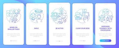İş yerindeki mavi gradyan mobil uygulama ekranında kendine güveni artırın. Çizgisel kavramlarla birlikte 5 adımlık grafik talimatları gözden geçir. UI, UX, GUI şablonu. Kullanılan sayısız Pro-Kalın, Düzenli yazı tipleri