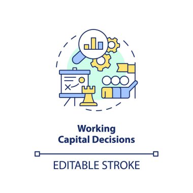 Çalışan sermaye karar konsepti ikonu. Varlıklar ve yükümlülükler. Finansal çözüm soyut fikir ince çizgi çizimi. İzole bir taslak çizim. Düzenlenebilir felç. Arial, Myriad Pro-Kalın yazı tipleri