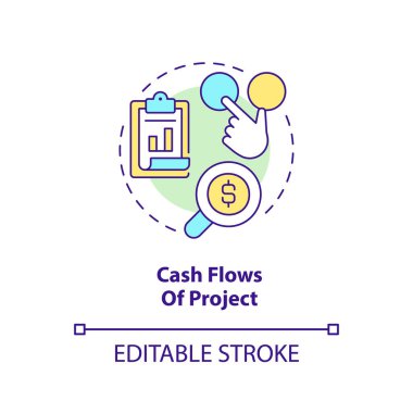 Proje konsepti ikonunun nakit akışı. Yatırım kararlarını etkileyen faktör soyut fikir ince çizgi çizimi. İzole bir taslak çizim. Düzenlenebilir felç. Arial, Myriad Pro-Kalın yazı tipleri