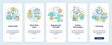 Mobil uygulama ekranındaki kısa vadeli finansman kaynakları. Doğrusal kavramlarla düzenlenebilir grafik yönergelerini 5 adımda gezdir. UI, UX, GUI şablonu. Kullanılan sayısız Pro-Kalın, Düzenli yazı tipleri