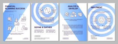 Finansal planlama başarısı mavi gradyan broşürü. Çizgisel simgeli broşür tasarımı. Sunum için 4 vektör düzeni, yıllık raporlar. Arial, Myriad Pro-Normal yazı tipleri kullanıldı