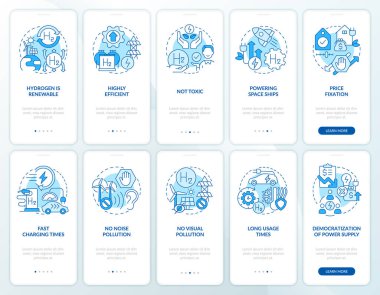 H2 Blue 'nun mobil uygulama ekran setindeki faydaları. Eko güç artıları, doğrusal kavramlarla birlikte düzenlenebilir 5 adımda yürür. UI, UX, GUI şablonu. Kullanılan sayısız Pro-Kalın, Düzenli yazı tipleri