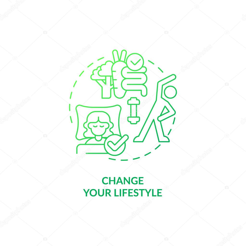 Change your lifestyle green gradient concept icon. Maintain healthy habits. Improving self esteem abstract idea thin line illustration. Isolated outline drawing. Myriad Pro-Bold font used