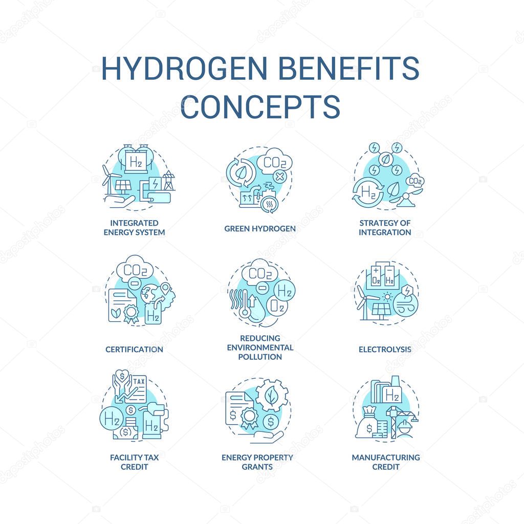 Hydrogen benefits turquoise concept icons set. Renewable energy. H2 power advantages idea thin line color illustrations. Isolated symbols. Editable stroke. Roboto-Medium, Myriad Pro-Bold fonts used