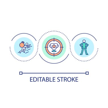Sonuç döngüsü konsepti simgesine odaklan. Ödüllendirilmek için çok çalışıyorum. Başarı yolu soyut fikir ince çizgi çizimi. İzole bir taslak çizim. Düzenlenebilir felç. Kullanılan Arial yazı tipi