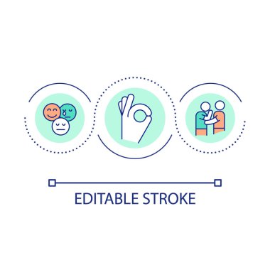 Güvenli duygu ifade döngüsü konsepti simgesi. Psikolojik destek. Duyguların kabulü soyut fikir ince çizgi çizimi. İzole bir taslak çizim. Düzenlenebilir felç. Kullanılan Arial yazı tipi