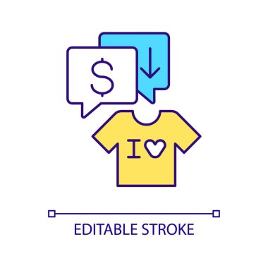 Satıcı RGB renk simgesi ile pazarlık. Ürün fiyatını düşürüyorum. Pazarlık yetenekleri. Seyahat sırasında pazarlık. İzole vektör çizimi. Basit bir çizgi çizimi. Düzenlenebilir felç. Kullanılan Arial yazı tipi