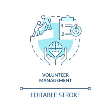 Gönüllü yönetim turkuaz konsept simgesi. Yardım için. Halk sağlığı hazırlığı soyut fikir ince çizgi çizimi. İzole bir taslak çizim. Düzenlenebilir felç. Arial, Myriad Pro-Kalın yazı tipleri