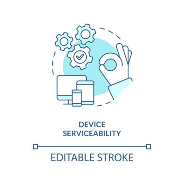 Aygıt hizmeti turkuaz konsept simgesi. Kontrol ekipmanları. Soyut ve ince çizgili çizgilerle bizi izlemeye devam et. İzole bir taslak çizim. Düzenlenebilir felç. Arial, Myriad Pro-Kalın yazı tipleri