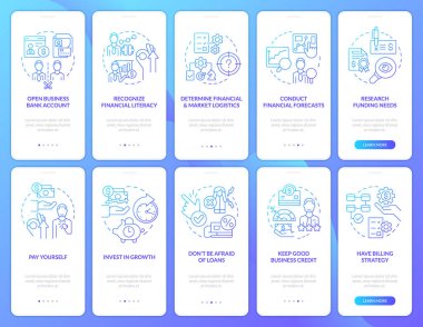 İş yönetimi mavi gradyan mobil uygulama ekranında. Çizgisel kavramlarla birlikte 5 adımlık grafik talimatları gözden geçir. UI, UX, GUI şablonu. Kullanılan sayısız Pro-Kalın, Düzenli yazı tipleri