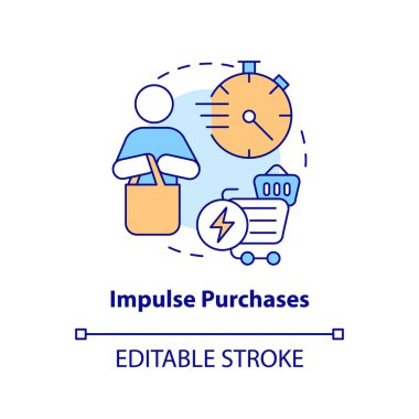 Ani satın alma konsepti simgesi. Satın alma davranışı. Plansız alışveriş. Satış psikolojisi soyut fikir ince çizgi çizimi. İzole bir taslak çizim. Düzenlenebilir felç. Arial, Myriad Pro-Kalın yazı tipleri