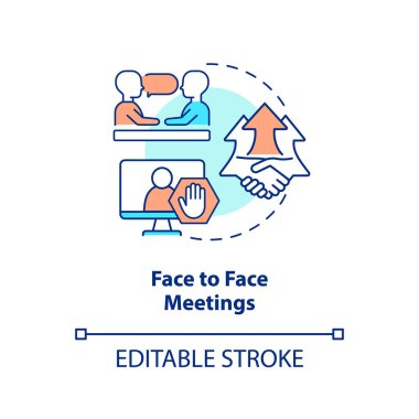 Yüz yüze görüşme konsepti ikonu. Müşteri iletişim stratejisi. Etkileşim soyut fikir ince çizgi çizimi. İzole bir taslak çizim. Düzenlenebilir felç. Arial, Myriad Pro-Kalın yazı tipleri