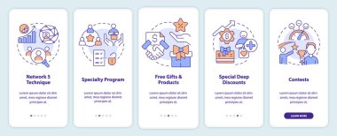 Mobil uygulama ekranında nezaket icabı. Marka sadakati, doğrusal kavramlarla birlikte düzenlenebilir grafik talimatları üzerinden 5 adım ilerler. UI, UX, GUI şablonu. Kullanılan sayısız Pro-Kalın, Düzenli yazı tipleri