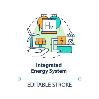 Bütünleşik enerji sistemi konsepti simgesi. Yeşil anlaşma. Birleşik güç stratejisi soyut fikir ince çizgi çizimi. İzole bir taslak çizim. Düzenlenebilir felç. Arial, Myriad Pro-Kalın yazı tipleri