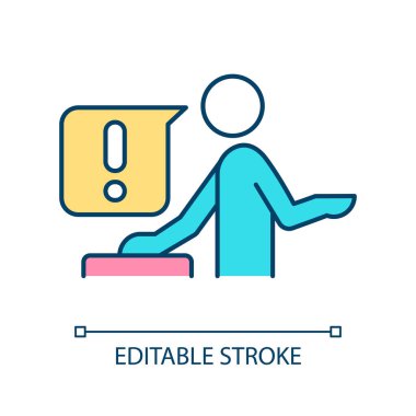 Halka açık konuşma RGB renk simgesi. Kürsüde konuşma yapıyor. Seyircilerle iletişim. İzole vektör çizimi. Basit bir çizgi çizimi. Düzenlenebilir felç. Kullanılan Arial yazı tipi