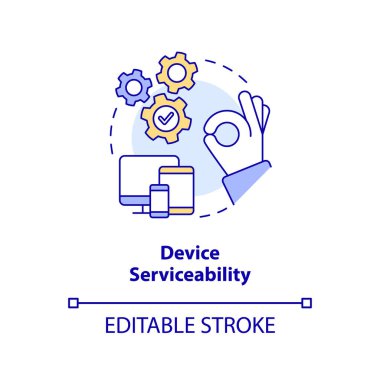 Aygıt hizmeti konsepti simgesi. Elektrikli aletleri kontrol et. Soyut ve ince çizgili çizgilerle bizi izlemeye devam et. İzole bir taslak çizim. Düzenlenebilir felç. Arial, Myriad Pro-Kalın yazı tipleri