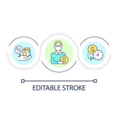 Kredi uzmanı döngü konsepti ikonu. İş kredisi banka asistanı. Finansal işlemler soyut fikir ince çizgi çizimi. İzole bir taslak çizim. Düzenlenebilir felç. Kullanılan Arial yazı tipi