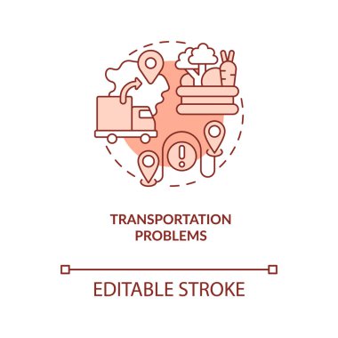 Ulaşım sorunları kırmızı konsept simgesi. Lojistik sorunlar. Gıda nakliyesi soyut fikir ince çizgi çizimi. İzole bir taslak çizim. Düzenlenebilir felç. Arial, Myriad Pro-Kalın yazı tipleri kullan