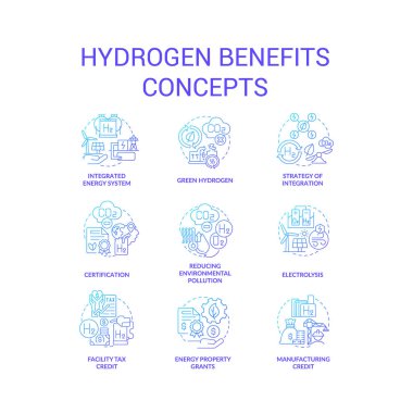 Hidrojen mavi gradyan konsept simgeleri kümesine yarar. Alternatif enerji. Yeşil yakıt soyut fikri, ince çizgi renk çizimlerini avantajlı kılıyor. İzole semboller. Kullanılan Roboto-Orta, Myriad Pro-Kalın yazı tipleri