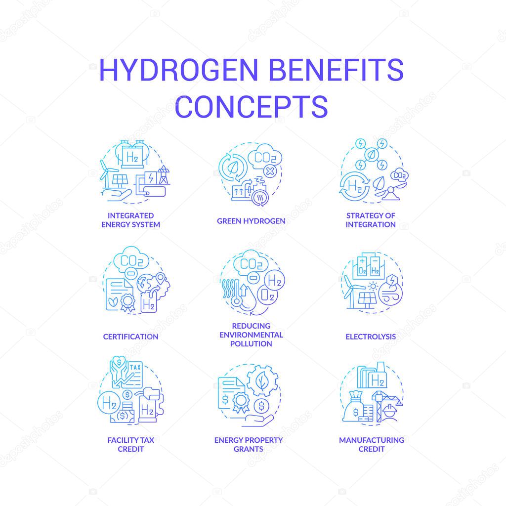 Hydrogen benefits blue gradient concept icons set. Alternative energy. Green fuel advantages abstract idea thin line color illustrations. Isolated symbols. Roboto-Medium, Myriad Pro-Bold fonts used