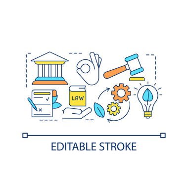 Yerel yönetmelik konsepti ikonu. Alternatif enerji endüstrisi. Şirket faaliyetlerinin yasallaştırılması soyut fikir ince çizgi çizimi. İzole bir taslak çizim. Düzenlenebilir felç. Kullanılan Arial yazı tipi
