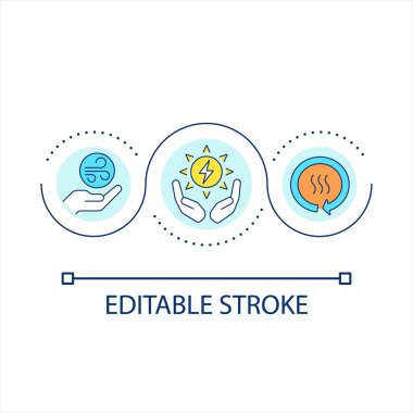 Yenilenebilir enerji kaynakları konsept ikonu. Alternatif elektrik. Sürdürülebilir teknoloji. Eko güç soyut fikir ince çizgi çizimi. İzole bir taslak çizim. Düzenlenebilir felç. Kullanılan Arial yazı tipi