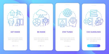 Nükleer patlama sırasında hayatta kalmak için mavi gradyan mobil uygulama ekranı. Doğrusal kavramlarla birlikte 4 aşamalı grafik talimatlar. UI, UX, GUI şablonu. Kullanılan sayısız Pro-Kalın, Düzenli yazı tipleri