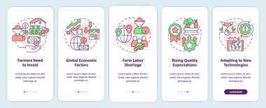 Çiftçiler mobil uygulama ekranında sorun yaşıyorlar. Tarım sorunu, doğrusal kavramlarla birlikte düzenlenebilir grafik talimatlarını 5 adımdan geçirin. UI, UX, GUI şablonu. Kullanılan sayısız Pro-Kalın, Düzenli yazı tipleri