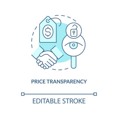 Fiyat şeffaflığı turkuaz konsept simgesi. Sağlık endüstrisi. İlaç maliyeti soyut fikir paylaşımı ince çizgi çizimi. İzole bir taslak çizim. Düzenlenebilir felç. Arial, Myriad Pro-Kalın yazı tipleri