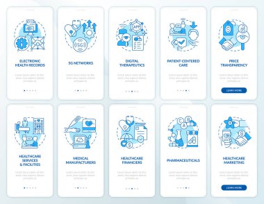 Sağlık endüstrisi mavi trendleri mobil uygulama ekran setinde. Doğrusal kavramlarla düzenlenebilir grafik yönergelerini 5 adımda gezdir. UI, UX, GUI şablonu. Kullanılan sayısız Pro-Kalın, Düzenli yazı tipleri 