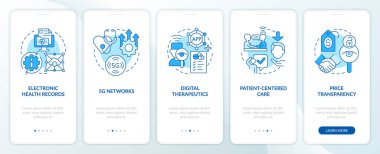 Tıp sektörü mavi trendleri mobil uygulama ekranında. Doğrusal kavramlarla düzenlenebilir grafik yönergelerini 5 adımda gezdir. UI, UX, GUI şablonu. Kullanılan sayısız Pro-Kalın, Düzenli yazı tipleri