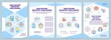 Sağlık sektörü broşür şürüne meydan okuyor. Çizgisel simgeli broşür tasarımı. Sunum için düzenlenebilir 4 vektör düzeni, yıllık raporlar. Arial-Black, Kullanılan Myriad Pro-Normal yazı tipleri