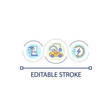 Hidrojen yakıtlı otomobil döngü ikonu. Hızlı hücum. Aracın soyut fikri için alternatif enerji ince çizgi çizimi. İzole bir taslak çizim. Düzenlenebilir felç. Kullanılan Arial yazı tipi