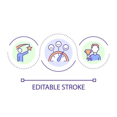 Yarışmanın galibi döngü konsepti ikonu. Rekabetçi yetenekler. Pozitif duyguyu arttır. Davranış psikolojisi soyut fikir ince çizgi çizimi. İzole bir taslak çizim. Düzenlenebilir felç. Kullanılan Arial yazı tipi