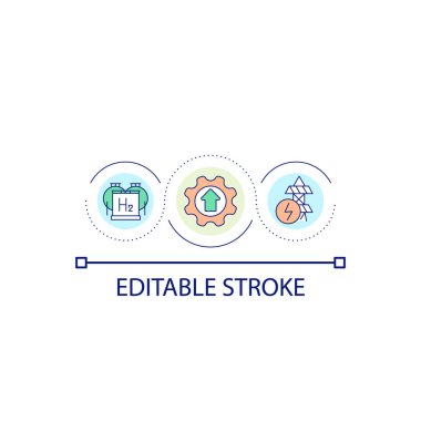 Hidrojen elektrik döngüsü konsepti simgesi. Alternatif güç verimliliği. Karbonsuz ekonomi soyut fikir ince çizgi çizimi. İzole bir taslak çizim. Düzenlenebilir felç. Kullanılan Arial yazı tipi