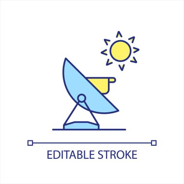 Parabolik güneş fırını mavi ve sarı RGB renk ikonu. Termal toplayıcı. Güneş ışığı fırını. Uydu anteni. İzole vektör çizimi. Basit bir çizgi çizimi. Düzenlenebilir felç. Kullanılan Arial yazı tipi