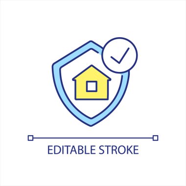 Korunan ev mavi ve sarı RGB renk simgesi. İnşaat verimliliğini arttırmış. Kendine güvenen bir ev sahibi. İzole vektör çizimi. Basit bir çizgi çizimi. Düzenlenebilir felç. Kullanılan Arial yazı tipi
