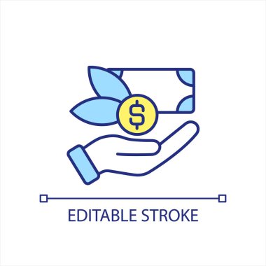 Tasarruf edilen parayla sarı ve mavi RGB renk simgesi. Para ve banknot. Nakit para kalsın. Şahsi yardım. İzole vektör çizimi. Basit bir çizgi çizimi. Düzenlenebilir felç. Kullanılan Arial yazı tipi