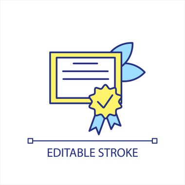 Sertifika sarı ve mavi RGB renk simgesi. Resmi belge. Doğrulama kağıdı. Eğitim onayı. İzole vektör çizimi. Basit bir çizgi çizimi. Düzenlenebilir felç. Kullanılan Arial yazı tipi