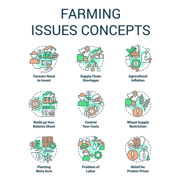 Agriculture Questions Concept Icônes Ensemble Problème Agricole Défis Les Agriculteurs — Image vectorielle