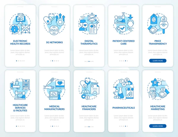 Gesundheitstrends Blue Onboarding Mobile App Screen Set Schritten Bearbeitbare Grafische — Stockvektor