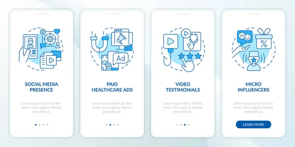 Strategie Marketing Sanitario Schermo Blu Onboarding App Mobile Passaggio Passaggi — Vettoriale Stock